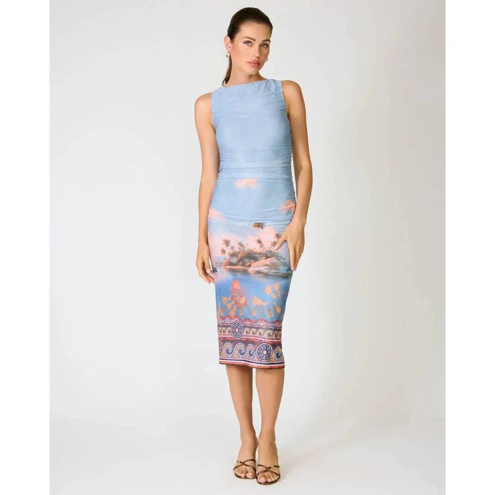 NEW LINE AND DOT pernille mesh midi dress in blue multi